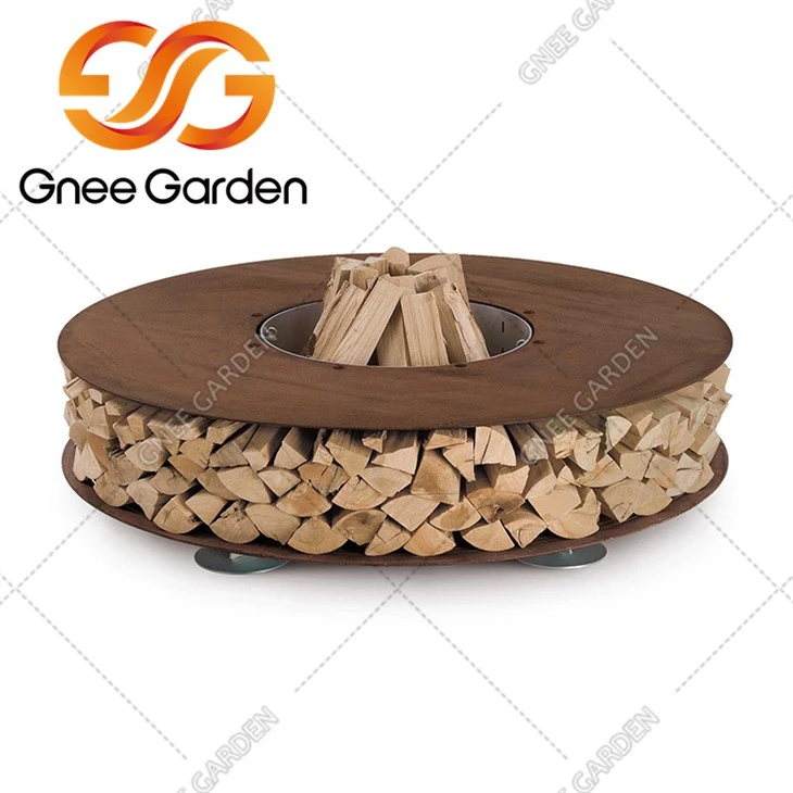weathering steel Fire Pit Grill with Wood Storage